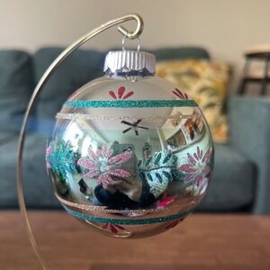 Radko Shiny Brite Glitter Striped Ornament poinsettia Ball Pink Teal blue red XL